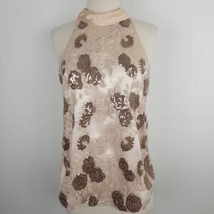 Etcetera Pink Satin Floral Lace and Brown Sequin Overlay Halter Tank Blouse Sz 2